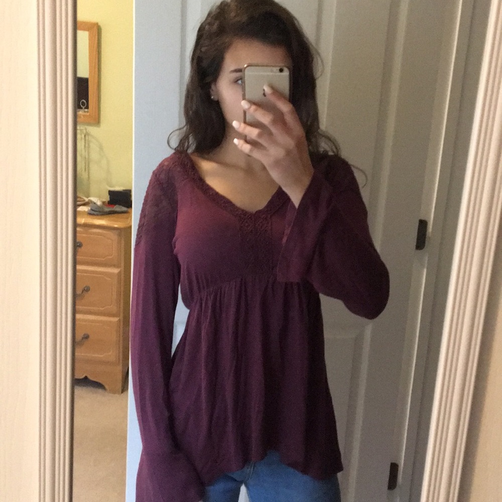 purple peasant top with lace detail